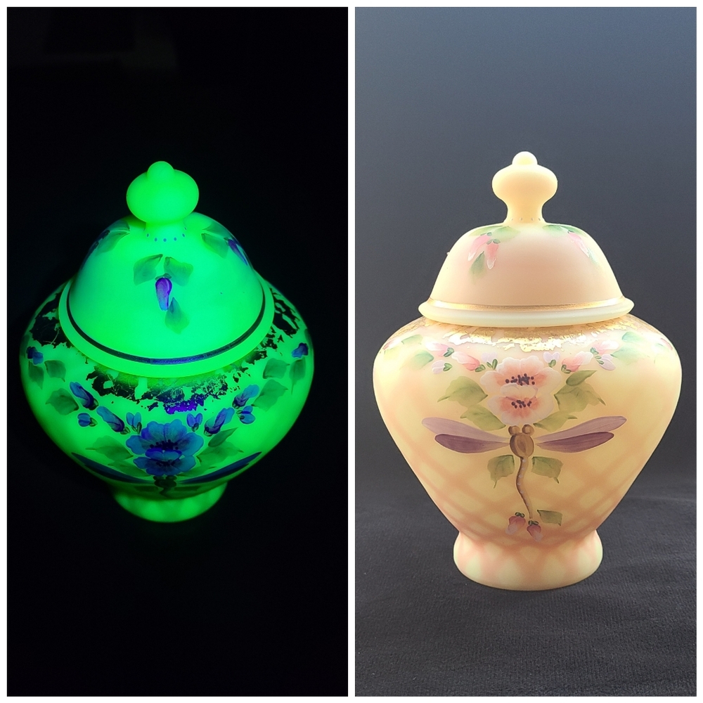 Fenton Burmese Diamond Optic Uranium Temple Jar